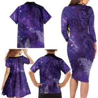 Aotearoa Taniko Matariki Family Matching Long Sleeve Bodycon Dress and Hawaiian Shirt Cosmic Violet LT7 - Polynesian Pride
