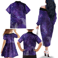 Aotearoa Taniko Matariki Family Matching Off The Shoulder Long Sleeve Dress and Hawaiian Shirt Cosmic Violet LT7 - Polynesian Pride