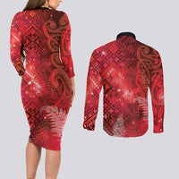Aotearoa Taniko Matariki Couples Matching Long Sleeve Bodycon Dress and Long Sleeve Button Shirt Cosmic Red