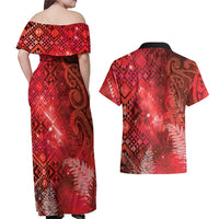 Aotearoa Taniko Matariki Couples Matching Off Shoulder Maxi Dress and Hawaiian Shirt Cosmic Red