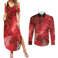 Aotearoa Taniko Matariki Couples Matching Summer Maxi Dress and Long Sleeve Button Shirt Cosmic Red