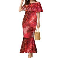 Aotearoa Taniko Matariki Family Matching Mermaid Dress and Hawaiian Shirt Cosmic Red