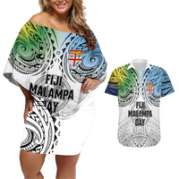 Malampa Fiji Day Couples Matching Off Shoulder Short Dress and Hawaiian Shirt Gradient Style LT7 White - Polynesian Pride