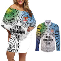 Malampa Fiji Day Couples Matching Off Shoulder Short Dress and Long Sleeve Button Shirt Gradient Style LT7 White - Polynesian Pride