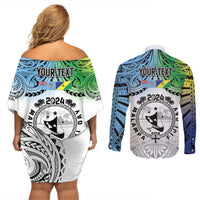 Malampa Fiji Day Couples Matching Off Shoulder Short Dress and Long Sleeve Button Shirt Gradient Style LT7 - Polynesian Pride