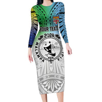 Malampa Fiji Day Family Matching Long Sleeve Bodycon Dress and Hawaiian Shirt Gradient Style LT7 Mom's Dress White - Polynesian Pride