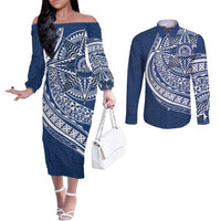 Tonga Queen Salote College Personalized Couples Matching Off The Shoulder Long Sleeve Dress and Long Sleeve Button Shirt Ngatu Tokelaufeletoa Motifs LT7 Navy Blue - Polynesian Pride