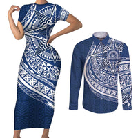 Tonga Queen Salote College Personalized Couples Matching Short Sleeve Bodycon Dress and Long Sleeve Button Shirt Ngatu Tokelaufeletoa Motifs LT7 Navy Blue - Polynesian Pride