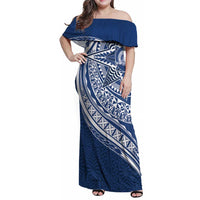 Tonga Queen Salote College Personalized Family Matching Off Shoulder Maxi Dress and Hawaiian Shirt Ngatu Tokelaufeletoa Motifs LT7 Mom's Dress Navy Blue - Polynesian Pride