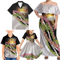 Hawaii Mokihana Mix Pikake Leis Mahalo 'Olelo Family Matching Off Shoulder Maxi Dress and Hawaiian Shirt Black