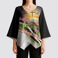 Hawaii Mokihana Mix Pikake Leis Mahalo 'Olelo Kimono Sleeve Blouse Black LT7 - Polynesian Pride