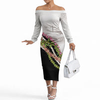 Hawaii Mokihana Mix Pikake Leis Mahalo 'Olelo Off The Shoulder Long Sleeve Dress White Tapa LT7 Women White - Polynesian Pride