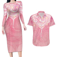 Breast Cancer Awareness Maori Aotearoa Couples Matching Long Sleeve Bodycon Dress and Hawaiian Shirt Manta Ray - Pink Glaze LT7 Pink - Polynesian Pride