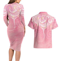 Breast Cancer Awareness Maori Aotearoa Couples Matching Long Sleeve Bodycon Dress and Hawaiian Shirt Manta Ray - Pink Glaze LT7 - Polynesian Pride