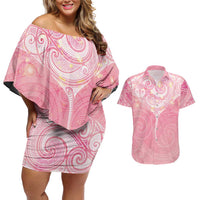 Breast Cancer Awareness Maori Aotearoa Couples Matching Off Shoulder Short Dress and Hawaiian Shirt Manta Ray - Pink Glaze LT7 Pink - Polynesian Pride