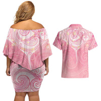 Breast Cancer Awareness Maori Aotearoa Couples Matching Off Shoulder Short Dress and Hawaiian Shirt Manta Ray - Pink Glaze LT7 - Polynesian Pride