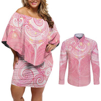 Breast Cancer Awareness Maori Aotearoa Couples Matching Off Shoulder Short Dress and Long Sleeve Button Shirt Manta Ray - Pink Glaze - Polynesian Pride