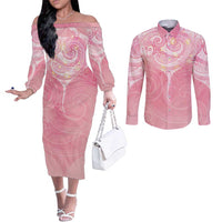 Breast Cancer Awareness Maori Aotearoa Couples Matching Off The Shoulder Long Sleeve Dress and Long Sleeve Button Shirt Manta Ray - Pink Glaze - Polynesian Pride