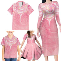 Breast Cancer Awareness Maori Aotearoa Family Matching Long Sleeve Bodycon Dress and Hawaiian Shirt Manta Ray - Pink Glaze LT7 - Polynesian Pride