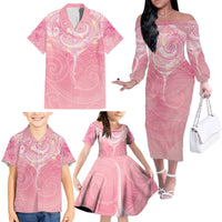 Breast Cancer Awareness Maori Aotearoa Family Matching Off The Shoulder Long Sleeve Dress and Hawaiian Shirt Manta Ray - Pink Glaze - Polynesian Pride