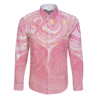 Breast Cancer Awareness Maori Aotearoa Family Matching Off Shoulder Maxi Dress and Hawaiian Shirt Manta Ray - Pink Glaze LT7 Dad's Shirt - Long Sleeve Pink - Polynesian Pride