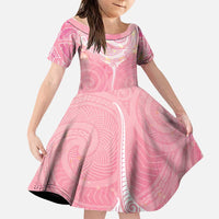 Breast Cancer Awareness Maori Aotearoa Family Matching Off Shoulder Short Dress and Hawaiian Shirt Manta Ray - Pink Glaze LT7 Daughter's Dress Pink - Polynesian Pride