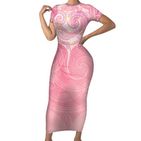 Breast Cancer Awareness Maori Aotearoa Short Sleeve Bodycon Dress Manta Ray - Pink Glaze - Polynesian Pride