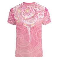 Breast Cancer Awareness Maori Aotearoa Women V-Neck T-Shirt Manta Ray - Pink Glaze LT7 - Polynesian Pride