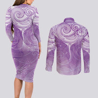 Epilepsy Awareness Maori Aotearoa Couples Matching Long Sleeve Bodycon Dress and Long Sleeve Button Shirt Manta Ray - Purple Glaze - Polynesian Pride