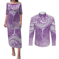 Epilepsy Awareness Maori Aotearoa Couples Matching Puletasi and Long Sleeve Button Shirt Manta Ray - Purple Glaze - Polynesian Pride