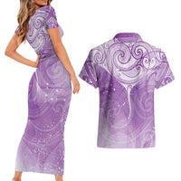 Epilepsy Awareness Maori Aotearoa Couples Matching Short Sleeve Bodycon Dress and Hawaiian Shirt Manta Ray - Purple Glaze LT7 - Polynesian Pride
