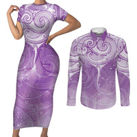 Epilepsy Awareness Maori Aotearoa Couples Matching Short Sleeve Bodycon Dress and Long Sleeve Button Shirt Manta Ray - Purple Glaze - Polynesian Pride