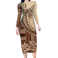 Samoa Siapo Mamanu Family Matching Long Sleeve Bodycon Dress and Hawaiian Shirt Plumeria Mocha Motifs LT7 Mom's Dress Mocha - Polynesian Pride