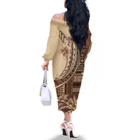 Samoa Siapo Mamanu Family Matching Off The Shoulder Long Sleeve Dress and Hawaiian Shirt Plumeria Mocha Motifs LT7 - Polynesian Pride