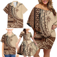 Samoa Siapo Mamanu Family Matching Off Shoulder Short Dress and Hawaiian Shirt Plumeria Mocha Motifs LT7 - Polynesian Pride