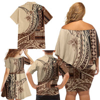Samoa Siapo Mamanu Family Matching Off Shoulder Short Dress and Hawaiian Shirt Plumeria Mocha Motifs LT7 - Polynesian Pride