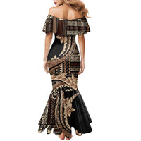 Samoa Siapo Mamanu Family Matching Mermaid Dress and Hawaiian Shirt Plumeria Black Motifs LT7 - Polynesian Pride