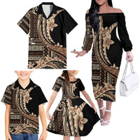 Samoa Siapo Mamanu Family Matching Off The Shoulder Long Sleeve Dress and Hawaiian Shirt Plumeria Black Motifs LT7 - Polynesian Pride