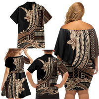 Samoa Siapo Mamanu Family Matching Off Shoulder Short Dress and Hawaiian Shirt Plumeria Black Motifs LT7 - Polynesian Pride