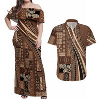 Pasifika Women's Day - Samoa Siapo Malu Tattoo Inspired Couples Matching Off Shoulder Maxi Dress and Hawaiian Shirt Brown