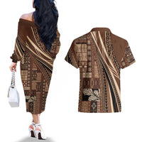 Pasifika Women's Day - Samoa Siapo Malu Tattoo Inspired Couples Matching Off The Shoulder Long Sleeve Dress and Hawaiian Shirt Brown