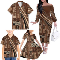Pasifika Women's Day - Samoa Siapo Malu Tattoo Inspired Family Matching Off The Shoulder Long Sleeve Dress and Hawaiian Shirt Brown LT7 - Polynesian Pride