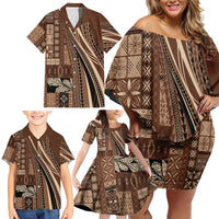 Pasifika Women's Day - Samoa Siapo Malu Tattoo Inspired Family Matching Off Shoulder Short Dress and Hawaiian Shirt Brown LT7 - Polynesian Pride