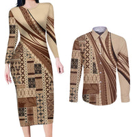 Pasifika Women's Day - Samoa Siapo Malu Tattoo Inspired Couples Matching Long Sleeve Bodycon Dress and Long Sleeve Button Shirt Beige