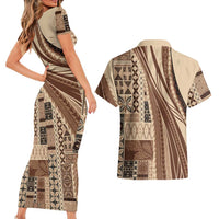 Pasifika Women's Day - Samoa Siapo Malu Tattoo Inspired Couples Matching Short Sleeve Bodycon Dress and Hawaiian Shirt Beige