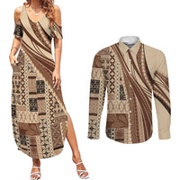 Pasifika Women's Day - Samoa Siapo Malu Tattoo Inspired Couples Matching Summer Maxi Dress and Long Sleeve Button Shirt Beige
