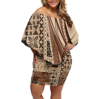 Pasifika Women's Day - Samoa Siapo Malu Tattoo Inspired Family Matching Off Shoulder Short Dress and Hawaiian Shirt Beige LT7 Mom's Dress Beige - Polynesian Pride