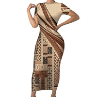 Pasifika Women's Day - Samoa Siapo Malu Tattoo Inspired Family Matching Short Sleeve Bodycon Dress and Hawaiian Shirt Beige LT7 Mom's Dress Beige - Polynesian Pride