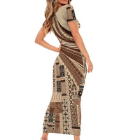 Pasifika Women's Day - Samoa Siapo Malu Tattoo Inspired Family Matching Short Sleeve Bodycon Dress and Hawaiian Shirt Beige LT7 - Polynesian Pride