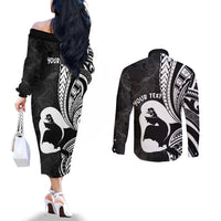 Mother's Day Couples Matching Off The Shoulder Long Sleeve Dress and Long Sleeve Button Shirt Polynesia Vintage Hibiscus - Black